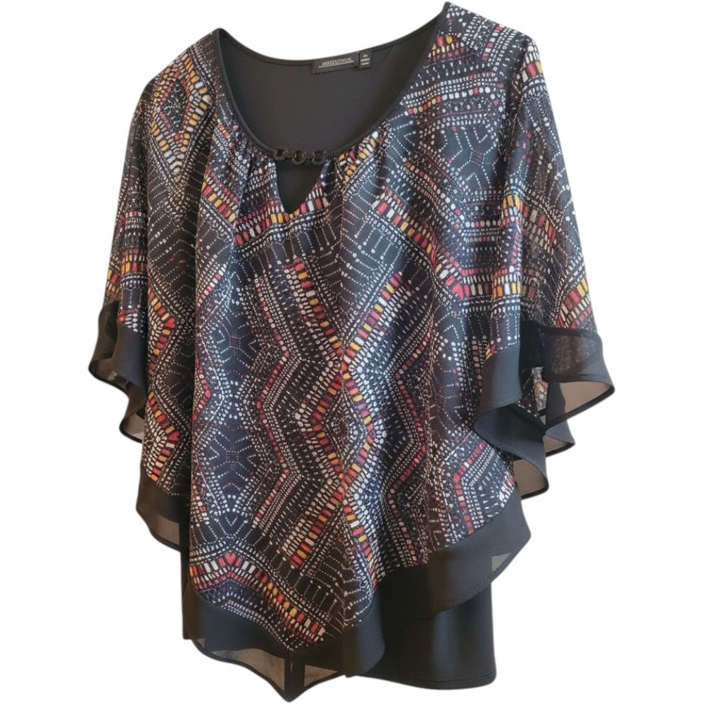 Notations Layered Blouse Womens XL Black Geometric Print EUC Flutter Sleeve